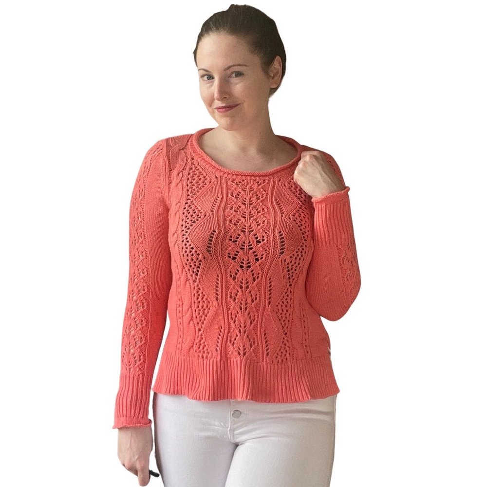 GAP | Coral Pink Open Lacework Cable-Knit Cotton Pullover Sweater Medium